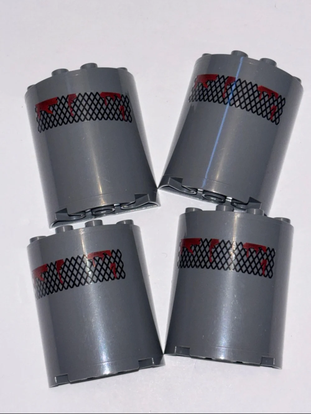 LEGO Dark Bluish Gray Cylinder with Red and Black Mesh Print (4)